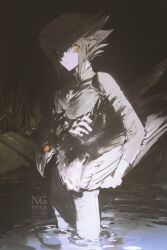 1boy animal bird black_shirt brown_hair carrying carrying_under_arm cocaduel crack_of_light crow facing_to_the_side forest grass grey_pants hair_slicked_back hand_on_another&#039;s_back hand_on_another&#039;s_stomach highres holding holding_animal in_water light_rays long_bangs long_sleeves looking_to_the_side male_focus monochrome nature night outdoors pants partially_colored pond sepia shirt spot_color tall_grass tree wading water wetland yellow_eyes yu-gi-oh! yu-gi-oh!_gx yuki_judai
