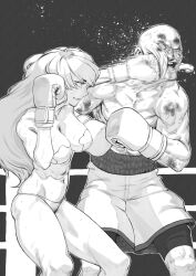 1boy 1girl boxing boxing_gloves boxing_ring commission highres mixed-sex_combat original pasties pixiv_commission rggr