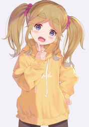 1girl absurdres blonde_hair blue_eyes blush fang file112056 finger_to_mouth hand_on_own_hip highres hood hoodie inuyama_akari open_mouth scrunchie simple_background skin_fang solo thick_eyebrows twintails yurucamp
