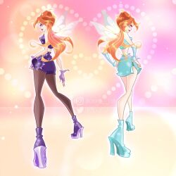 ahoge annoyed aqua_arm_warmers aqua_boots aqua_eyes aqua_panties aqua_shirt aqua_skirt back-to-back bad_id bad_twitter_id bare_legs bloom_(winx_club) boots charmix chocofish closed_mouth colorful_background commentary crop_top dark_bloom_(winx_club) dual_persona english_commentary eyelashes eyeshadow fairy fairy_wings fingerless_gloves from_behind full_body glitter gloves gold_tiara grey_pantyhose hand_on_own_hip hands_on_own_hips happy heart-shaped_bag high_heel_boots high_heels instagram_username knees light_particles lipstick long_hair looking_at_viewer magical_girl makeup midriff mini_tiara miniskirt nail_polish orange_hair outline panties panty_peek pantyhose pink_eyeshadow pointy_nose pumps purple_bag purple_boots purple_gloves purple_nails purple_shirt purple_skirt red_lips shirt side_slit skirt skirt_set sleeveless sleeveless_shirt smile spikes standing transparent_wings twitter_username underwear very_long_hair waist_bag watermark white_outline white_wings wings winx_club