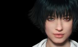 1girl 3d black_background black_hair devil_may_cry_(series) devil_may_cry_5 heterochromia highres lady_(devil_may_cry) lips looking_at_viewer official_art photorealistic portrait realistic scar scar_on_face scar_on_nose short_hair simple_background smile solo
