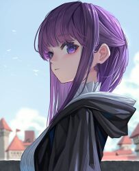 1girl :&lt; black_coat blue_sky blurry blurry_background building cloud coat day fern_(sousou_no_frieren) from_side highres looking_at_viewer purple_eyes purple_hair simple_bird sky solo sousou_no_frieren upper_body ver-aero