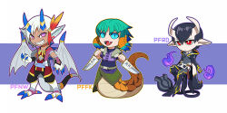 Rule 34 | 3boys, animal ears, animal feet, animal hands, armor, black hair, blue sclera, bright pupils, chibi, claws, colored sclera, commentary request, dragon boy, dragon ears, dragon horns, dragon tail, dual wielding, fangs, feather hair ornament, feathers, fire, green hair, hair ornament, holding, horns, ketaru, lamia boy, looking at viewer, male focus, monster boy, multiple boys, pixiv fantasia, pixiv fantasia fallen kings, pixiv fantasia new world, pixiv fantasia revenge of the darkness, pointy ears, purple background, purple eyes, purple fire, red eyes, sharp teeth, short hair, skirt, slit pupils, standing, tail, teeth, tunic, white hair, white pupils