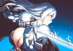 1girl blue_background blue_eyes braid breasts cape cleavage fighting_stance french_braid from_side fur_collar gauntlets hair_lift holding holding_sword holding_weapon huge_breasts kook long_hair original sidelocks sword weapon white_hair