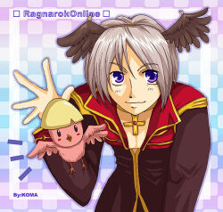 1boy 2000s_(style) artist_name baby_animal bird black_coat black_wings chick closed_mouth coat commentary_request copyright_name cross cross_necklace dated_commentary fake_wings feathered_wings gold_trim grey_hair head_wings jewelry koma_(bluesun) leaning_forward long_sleeves looking_at_viewer male_focus multicolored_coat necklace picky_(ragnarok_online) priest_(ragnarok_online) purple_background purple_eyes ragnarok_online red_coat short_hair smile solo two-tone_coat upper_body wings