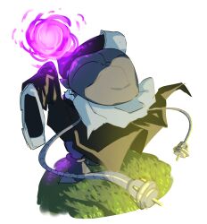 Rule 34 | absurdres, appmon, arms up, back cover, cable, cover, digimon, digimon universe: appli monsters, energy ball, from behind, full body, highres, koutei teki, offmon, on grass, powering up, simple background, sleeves past fingers, sleeves past wrists, standing, very long sleeves, white background