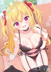 1girl absurdres bare_shoulders black_bra black_choker black_panties blonde_hair blurry blush bow bow_panties bra breasts bubble choker cleavage collarbone commission depth_of_field fang garter_belt garter_straps gyaru hair_between_eyes hair_bow hair_ribbon highres hiiragisensei large_breasts lingerie long_hair looking_at_viewer navel no_shoes open_mouth original panties pixiv_commission red_bow ribbon solo thighhighs twintails two_side_up underwear underwear_only