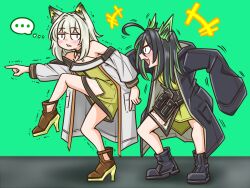 +++ ... animal_ear_fluff animal_ears arknights bare_shoulders black_boots black_hair black_jacket blush boots brown_boots commentary dress english_commentary fang green_background green_dress green_hair grey_hair grey_jacket guin_guin high_heel_boots high_heels jacket kal&#039;tsit_(arknights) long_sleeves mon3tr_(arknights) multicolored_hair off-shoulder_jacket off_shoulder open_clothes open_jacket open_mouth puffy_long_sleeves puffy_sleeves simple_background spoken_ellipsis standing standing_on_one_leg streaked_hair trembling