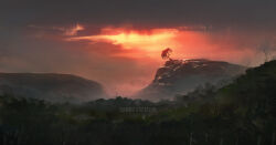 cambocreation cloud cloudy_sky fog forest hill landscape mountain nature no_humans orange_sky original painterly scenery sky tree watermark