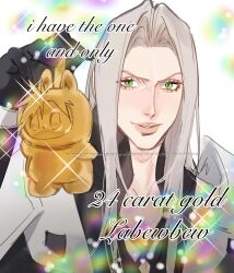 armor black_gloves character_charm character_doll charm_(object) cloud_strife doll english_text eyelashes final_fantasy final_fantasy_vii gloves gold green_eyes grey_hair highres holding implied_yaoi labubu long_hair looking_at_viewer male_focus meme pauldrons rainbow sephiroth shoulder_armor slit_pupils smile sparkle watermark yiiisheng