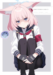1girl animal_ear_fluff animal_ears armband black_gloves black_pantyhose blue_archive blue_eyes blue_halo blue_sailor_collar blue_skirt closed_mouth doodle_sensei_(blue_archive) eko fingerless_gloves fox_ears fox_girl gloves halo highres knees_up long_sleeves looking_at_viewer medium_hair miniskirt neckerchief niko_(blue_archive) panties panties_under_pantyhose pantyhose pink_hair pleated_skirt puffy_long_sleeves puffy_sleeves red_armband red_neckerchief request_inset sailor_collar sensei_(blue_archive) shaded_face shirt sitting skirt solo translation_request underwear white_shirt