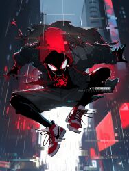 1boy bicio black_suit building formal_clothes highres looking_at_viewer male_focus marvel mask shoes shorts sneakers solo_focus spider-man:_into_the_spider-verse spider-man_(miles_morales) spider-man_(series) spider-verse suit