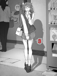 !? 2girls bag commentary_request full_body glasses greyscale highres implied_vibrator kakuremino7928 large_variant_set long_sleeves loose_socks medium_hair miniskirt monochrome multiple_girls open_mouth original outdoors public_restroom semi-rimless_eyewear shirt shoes shoulder_bag skirt socks solo_focus speech_bubble spoken_interrobang standing sweater_vest trembling under-rim_eyewear variant_set