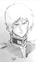 Rule 34 | 1boy, char aznable, cropped shoulders, graphite (medium), greyscale, gundam, highres, looking at viewer, male focus, mobile suit gundam, monochrome, moroboshi danshaku, portrait, solo, straight-on, traditional media, zeon