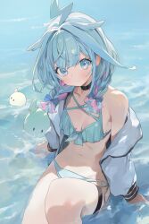 1girl absurdres arm_support armpit_crease bikini black_choker blue_bikini blue_eyes blue_hair braid braided_twintails breasts choker hair_flaps highres hololive hololive_dev_is jacket knee_up light_blush lightning_ahoge looking_at_viewer low_twin_braids medium_hair mizumiya_su multicolored_hair navel nel_dcm off_shoulder open_clothes open_jacket pink_streaks reclining ruffle_bikini side-tie_bikini_bottom small_breasts solo streaked_hair swimsuit thigh_strap twin_braids virtual_youtuber wading water white_jacket