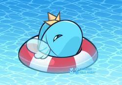 1girl animal bluesky_logo bluesky_username buoy fins fish fruzmig highres indie_virtual_youtuber no_humans paper_hat sameko_saba simple_fish solo tumblr_logo tumblr_username twitter_logo twitter_username virtual_youtuber water