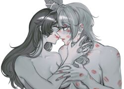 Rule 34 | 2girls, amber (genshin impact), blush, bow, breasts, closed eyes, closed mouth, commentary, english commentary, eula (genshin impact), genshin impact, greyscale, hair bow, imminent kiss, kiegenshin, large breasts, lipstick mark, lipstick mark on arm, lipstick mark on breast, lipstick mark on face, lipstick mark on hand, lipstick mark on neck, lipstick mark on shoulder, long hair, looking at another, monochrome, multiple girls, nude, spot color, too many lipstick marks, yuri