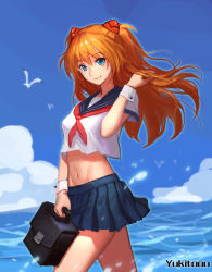 1girl bag bird blue_eyes breasts cloud crop_top crop_top_overhang curvy day female_focus gainax hair_between_eyes hair_ornament long_hair looking_at_viewer midriff miniskirt navel neon_genesis_evangelion sanpuu_shiromizu school_bag school_uniform seagull serafuku skirt sky smile solo souryuu_asuka_langley twintails upper_body walter water wind wrist_cuffs