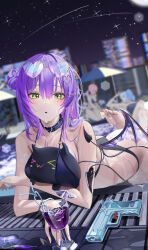 3girls ass barefoot bibi_(tokoyami_towa) bikini black_bikini black_collar blurry blurry_background center-flap_bangs collar colored_inner_hair cup demon_girl demon_tail demon_wings double-parted_bangs drinking_glass eyewear_on_head feet_up green_eyes hair_between_eyes hair_bun heart heart-shaped_eyewear hololive hoshimachi_suisei long_hair looking_at_viewer minato_aqua mini_wings multicolored_hair multiple_girls night open_mouth outdoors pink_hair pool purple_hair side_up_bun single_side_bun solo solo_focus startend_(hololive) swimsuit tail tanishi_(hetianming11093) toes tokoyami_towa virtual_youtuber water_gun wet wings
