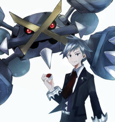 1boy black_jacket closed_mouth collared_shirt commentary_request gen_3_pokemon grey_hair hand_up highres holding holding_poke_ball jacket jewelry kotan_(cho_mateyo) long_sleeves male_focus mega_metagross mega_pokemon metagross necktie nintendo poke_ball poke_ball_(basic) pokemon pokemon_oras ring shirt short_hair simple_background smile spiked_hair steven_stone vest white_background white_shirt