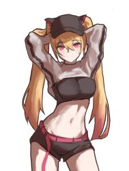 1girl absurdres arms_behind_head arms_up baseball_cap belt black_hat black_shirt black_shorts blonde_hair breasts choi_ego closed_mouth commission cowboy_shot crop_top hair_through_headwear hat highres long_hair long_sleeves looking_at_viewer medium_breasts midriff muhae_(dcnh8882) navel original red_eyes shirt short_shorts shorts shrug_(clothing) simple_background smile solo stomach twintails white_background white_shrug