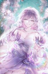1girl absurdres bare_shoulders blurry blurry_background breasts bug butterfly butterfly_on_hand castorice_(honkai:_star_rail) castorice_(star_rail_live_2025)_(honkai:_star_rail) character_name cleavage commentary cowboy_shot detached_sleeves dress english_commentary grin hair_between_eyes highres honkai:_star_rail honkai_(series) insect jewelry long_hair looking_at_viewer low_twintails medium_breasts nail_polish necklace official_alternate_costume orion_a2 pearl_necklace pointy_ears purple_dress purple_eyes purple_hair purple_nails silver_tiara smile solo strapless strapless_dress tiara twintails very_long_hair