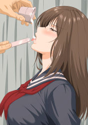 00s 1girl bad_id bad_pixiv_id blush breasts brown_eyes brown_hair cup half-closed_eyes ichigo_100_percent kosokosomaru_(higashi_taishi) long_hair male_hand medical school_uniform solo_focus suggestive_fluid tongue tongue_out toujou_aya