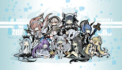 Rule 34 | 6+girls, :3, ahoge, anniversary, azur lane, black hair, blonde hair, champagne (azur lane), cheshire (azur lane), chibi, chibi only, double bun, dress, eldridge (azur lane), frilled hairband, frills, gascogne (azur lane), hair bun, hairband, highres, holding, holding staff, holding sword, holding weapon, indomitable (azur lane), karasu (chalk), le malin (azur lane), long hair, looking at viewer, maid, maid headdress, multiple girls, perseus (azur lane), purple hair, short dress, sirius (azur lane), sitting, sleepy, staff, sword, tashkent (azur lane), twintails, weapon, white dress, white wings, wings