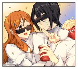 1boy 1girl absurdres arm_around_shoulder black_hair bleach border brown_eyes cup dress facial_mark food hair_between_eyes hair_ornament highres holding holding_cup inoue_orihime instagram_username jacket juliet_sleeves long_sleeves open_mouth orange_hair popcorn puffy_sleeves smile snowflake_hair_ornament sunglasses sweatdrop tiroma twitter_username ulquiorra_cifer white_border white_dress white_jacket