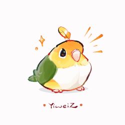 animal animal_focus beak bird chinese_commentary commentary_request feathered_wings full_body highres no_humans original parrot signature simple_background sitting solo tail white_background wings yiweizi57362