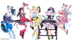 Rule 34 | 5girls, ahoge, animal ears, arms up, asymmetrical legwear, bandaid, bandaid on knee, bandaid on leg, bang dream!, bang dream! mugendai mewtype, black corset, black gloves, black hair, blonde hair, blue hair, blue skirt, blue theme, bracelet, braid, breasts, cat ear panties, cleavage, closed mouth, commentary request, corset, crop top, dress, elbow gloves, electric guitar, fake animal ears, fingerless gloves, frilled skirt, frills, fuji miyako, full body, gloves, gradient hair, grey eyes, grey hair, guitar, hair ornament, hairclip, hat, headphones, holding, holding guitar, holding instrument, instrument, jewelry, leg warmers, long hair, medium breasts, megaphone, midriff, minetsuki ritsu, miyanaga nonoka, mugendai mewtype, multicolored hair, multiple girls, nakamachi arale, nurse cap, official art, one eye closed, panties, pink eyes, pink gloves, pink hair, pink leg warmers, plaid clothes, plaid skirt, pleated skirt, puffy short sleeves, puffy sleeves, purple dress, purple eyes, purple hair, sengoku yuno, shirt, short hair, short sleeves, sidelocks, simple background, single glove, skirt, thigh strap, thighhighs, twintails, two-tone hair, underwear, virtual youtuber, white background, white gloves, white leg warmers, white shirt, white skirt, white thighhighs, yellow leg warmers, yellow skirt