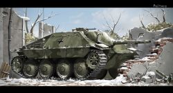 balkenkreuz bare_tree black_border border brick_wall camouflage caterpillar_tracks cloud cloudy_sky cross debris gun highres jagdpanzer_38(t) konnpeto machine_gun mg34 military_vehicle motor_vehicle no_humans original sky snow tank tree turretless_tank vehicle_focus weapon wehrmacht wheel woodland_camouflage world_war_ii