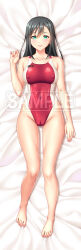 1girl barefoot black_hair breasts cameltoe commentary_request competition_swimsuit covered_erect_nipples dakimakura_(medium) full_body green_eyes highres kuri_(kurigohan) large_breasts long_hair lying on_back one-piece_swimsuit original red_one-piece_swimsuit sample_watermark solo swimsuit two-tone_one-piece_swimsuit watermark