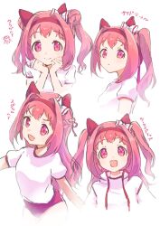 1girl :d :o alternate_hairstyle animal_ears bow braid buruma closed_mouth commentary_request double_bun ear_bow flower-shaped_pupils gym_shirt gym_uniform hair_bun hair_intakes hair_ribbon haru_urara_(umamusume) highres horse_ears jacket moko39_takasora multiple_views open_clothes open_jacket open_mouth parted_lips puffy_short_sleeves puffy_sleeves purple_eyes red_buruma red_ribbon ribbon shirt short_sleeves side_ponytail simple_background smile symbol-shaped_pupils translation_request twintails two_side_up umamusume v-shaped_eyebrows white_background white_bow white_jacket white_shirt