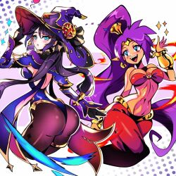 Rule 34 | 2girls, ass, blue eyes, bra, bracelet, breasts, crossover, dark-skinned female, dark skin, from behind, genshin impact, hat, jewelry, jhonssecret, large breasts, leotard, long hair, mona (genshin impact), multiple girls, ponytail, purple hair, shantae, shantae (series), teeth, thong leotard, underwear, upper teeth only, very long hair, wide hips, witch hat