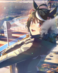 1girl ahoge animal_ears black_coat black_gloves black_hair blush breath cloud coat cold dated gloves hair_ornament horizon horse_ears horse_girl horse_tail kitasan_black_(umamusume) lens_flare long_sleeves looking_at_viewer looking_to_the_side multicolored_hair open_mouth outdoors outstretched_arms railing red_eyes road road_sign sign smile solo standing streaked_hair sunrise tail takuzui tree twitter_username umamusume upper_body