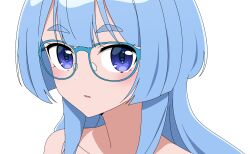 1girl anime_coloring bare_shoulders blue-framed_eyewear blue_eyes blue_hair close-up collarbone glasses highres light_blush long_hair looking_at_viewer looking_to_the_side open_mouth parted_lips quelcom shiunji-ke_no_kodomotachi shiunji_seiha sidelocks simple_background solo thick_eyebrows transparent_background