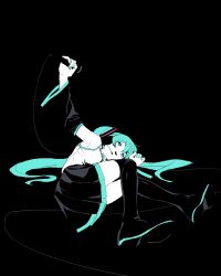 Rule 34 | 1girl, aqua hair, aqua nails, arm up, bare shoulders, black background, black boots, black skirt, blending, boots, breasts, cable, detached sleeves, full body, hatsune miku, headset, highres, holding, holding microphone, long hair, lying, microphone, necktie, oekakikujira, on side, open mouth, shirt, skirt, sleeveless, sleeveless shirt, small breasts, solo, thigh boots, twintails, very long hair, vocaloid, white shirt