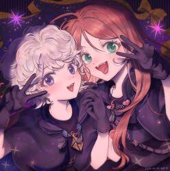 2girls black_dress blonde_hair blush chocolat_meilleure commentary_request dress fangs green_eyes holding_hands long_hair looking_at_viewer magical_girl multiple_girls open_mouth orange_hair purple_eyes short_hair smile sugar_sugar_rune upper_body v vanilla_mieux weib_artist witch