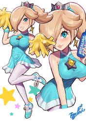 1girl aqua_dress aqua_eyes artist_logo artist_name bare_shoulders blonde_hair bottle breasts brooch cowboy_shot crown dress earrings full_body hair_over_one_eye high_ponytail highres holding holding_bottle jewelry logo long_hair mario_(series) mario_tennis mario_tennis_aces medium_breasts mini_crown multiple_views nintendo pantyhose pink_lips pom_pom_(cheerleading) ponytail rosalina signature simple_background sleeveless sleeveless_dress sports_drink star_(symbol) star_brooch star_earrings toggy_keiichi white_background white_pantyhose