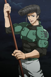 1boy abs akame_ga_kill! armor belt black_hair black_shirt bulat green_armor holding holding_staff looking_at_viewer loup-garou male_focus muscular muscular_male night night_sky pants pompadour shirt short_hair sky solo staff white_pants