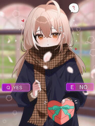 1girl :o ? absurdres ahoge alternate_costume alternate_hairstyle arched_window black_coat blurry blurry_background box brown_eyes brown_hair brown_scarf cherry_blossoms closed_mouth coat crossed_bangs dot_mouth falling_petals gift grass hair_between_eyes hair_ornament hairclip hana20000920 happy_valentine heart heart-shaped_box hexagon highres holding holding_gift hololive hololive_english indoors long_coat long_hair long_sleeves looking_at_viewer low_twintails multicolored_hair nanashi_mumei open_mouth petals plaid_clothes plaid_scarf pov scarf solo sparkle spoken_question_mark streaked_hair twintails upper_body user_interface valentine virtual_youtuber water window