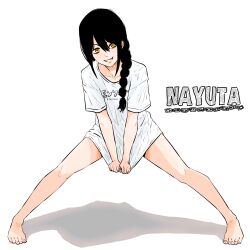 1girl black_hair braid chainsaw_man character_name full_body grin highres isuke_(isuke_now) long_hair looking_at_viewer nayuta_(chainsaw_man) shadow shirt simple_background single_braid smile solo t-shirt teeth white_background white_shirt yellow_eyes