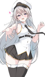 1girl azur_lane bare_shoulders black_necktie black_skirt black_thighhighs blush breasts cowboy_shot enterprise_(azur_lane) hair_between_eyes hashtag-only_commentary hat heart highres large_breasts long_hair looking_at_viewer mikuchi3939 necktie open_mouth outstretched_arm peaked_cap purple_eyes shirt simple_background skirt sleeveless sleeveless_shirt smile solo spoken_heart thighhighs twitter_username very_long_hair white_background white_hair white_hat