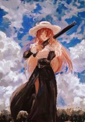 1girl ashashio black_dress black_sleeves closed_eyes cloud cloudy_sky dress frilled_sleeves frills full_body grass grin gun hat highres holding holding_gun holding_weapon long_hair ootori_kanae_(soukou_akki_muramasa) painterly pink_hair rifle shirt sky smile soukou_akki_muramasa sun_hat weapon white_hat white_shirt white_sleeve_cuffs