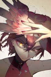 1girl absurdres collarbone commentary_request glowing glowing_eye grey_background hair_between_eyes head_wings highres hololive looking_at_viewer nail_polish one_eye_closed pink_hair red_nails sauce_darusungi simple_background solo takane_lui virtual_youtuber wings yellow_eyes