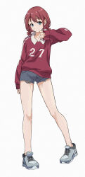 1girl absurdres blue_eyes closed_mouth commentary film_grain full_body girls_band_cry grey_shorts highres iseri_nina long_sleeves looking_at_viewer low_twintails red_hair red_skirt short_hair short_twintails shorts simple_background skirt sleeves_past_wrists solo summer_left twintails white_background
