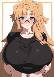 1girl animated areola_slip bikini blonde_hair borrowed_character bouncing_breasts breasts breasts_out cleavage clothes_lift glasses half-closed_eyes highres huge_breasts jiggle lifting_own_clothes long_hair naughty_face original ponytail presenting shirt_lift sideboob smile solo swimsuit tagme umezawa_itte video yellow_bikini