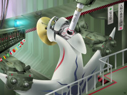 crossover entry_plug flag flags_of_all_nations from_behind highres italian_flag japanese_flag mecha mechanization nametake_(nametake) neon_genesis_evangelion no_humans parody railing robot rotating_light sign string_of_flags sun tower_of_the_sun