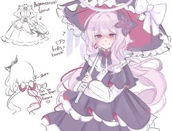 Rule 34 | 1girl, alternate costume, black bow, black bowtie, black dress, bow, bowtie, cowboy shot, dress, evernight (honkai: star rail), highres, holding, holding umbrella, honkai: star rail, honkai (series), long hair, long sleeves, looking at viewer, march 7th (honkai: star rail), pink hair, rae (softcozyrae), red eyes, standing, umbrella, umbrella bow, very long hair, white bow